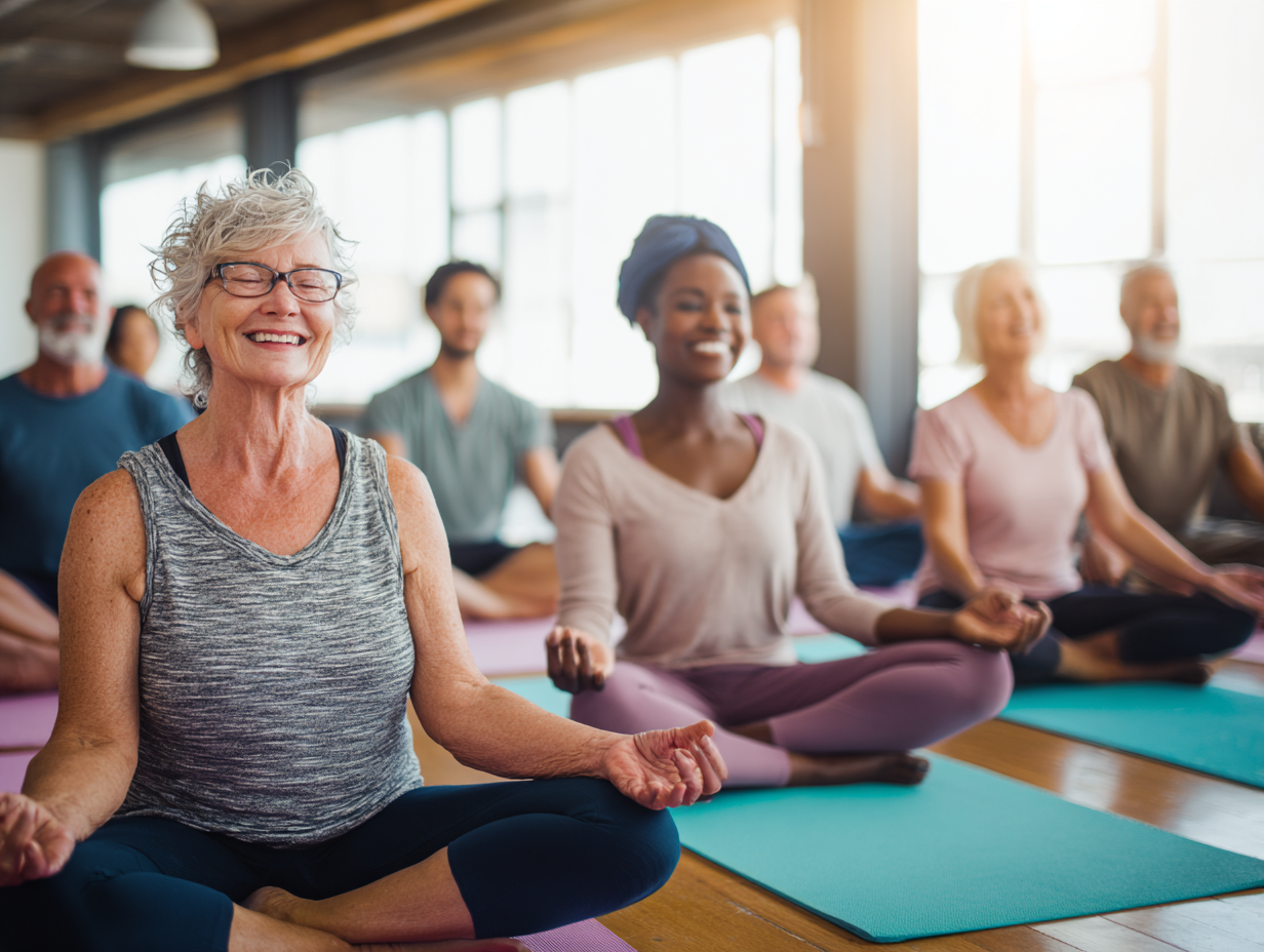 Grup divers de persoane la sesiune de yoga