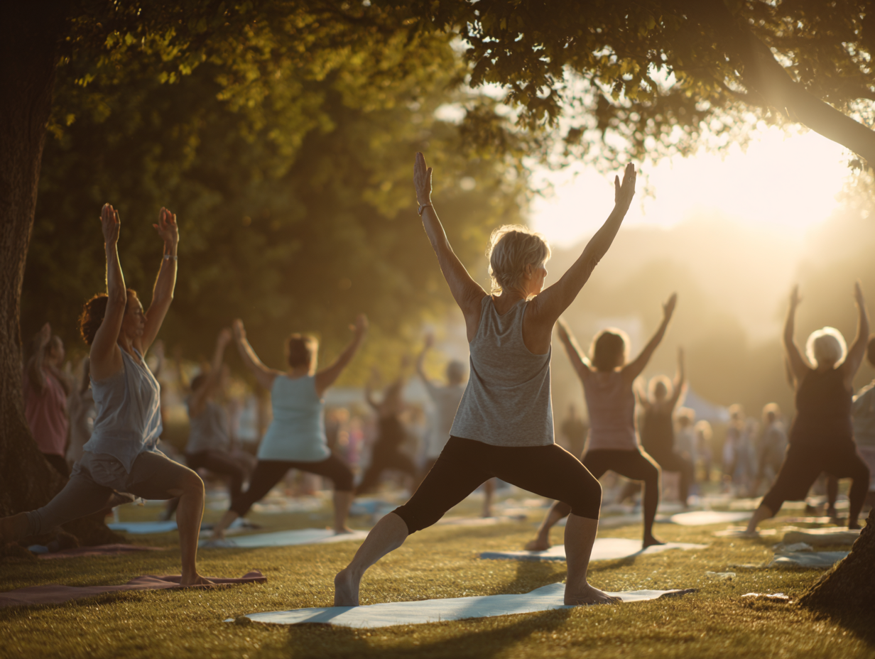 Persoane de diferite vârste practică yoga în aer liber